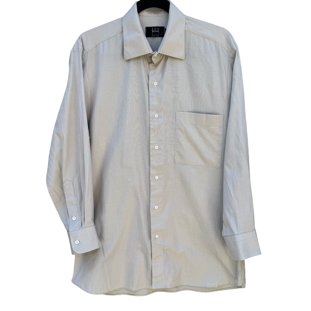 Ike Behar New York Mens Tan Micro Check Dress Shirt 15.5 34 Spread Collar Pocket